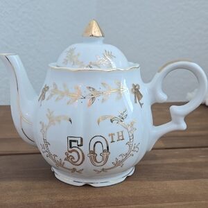 LEFTON White & Gold 50th Anniversary Musical Teapot w/Lid Hand Painted